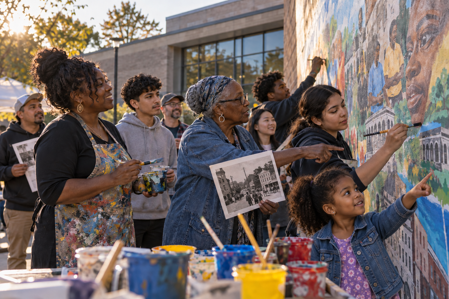 Illustrative image of adults and teens creating a community history mural as a young girl points upward
